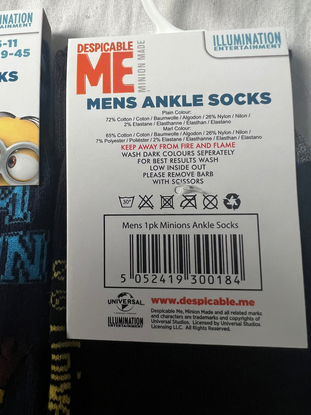 Men’s Despicable Me Minion Socks- Shoe Size 6-11