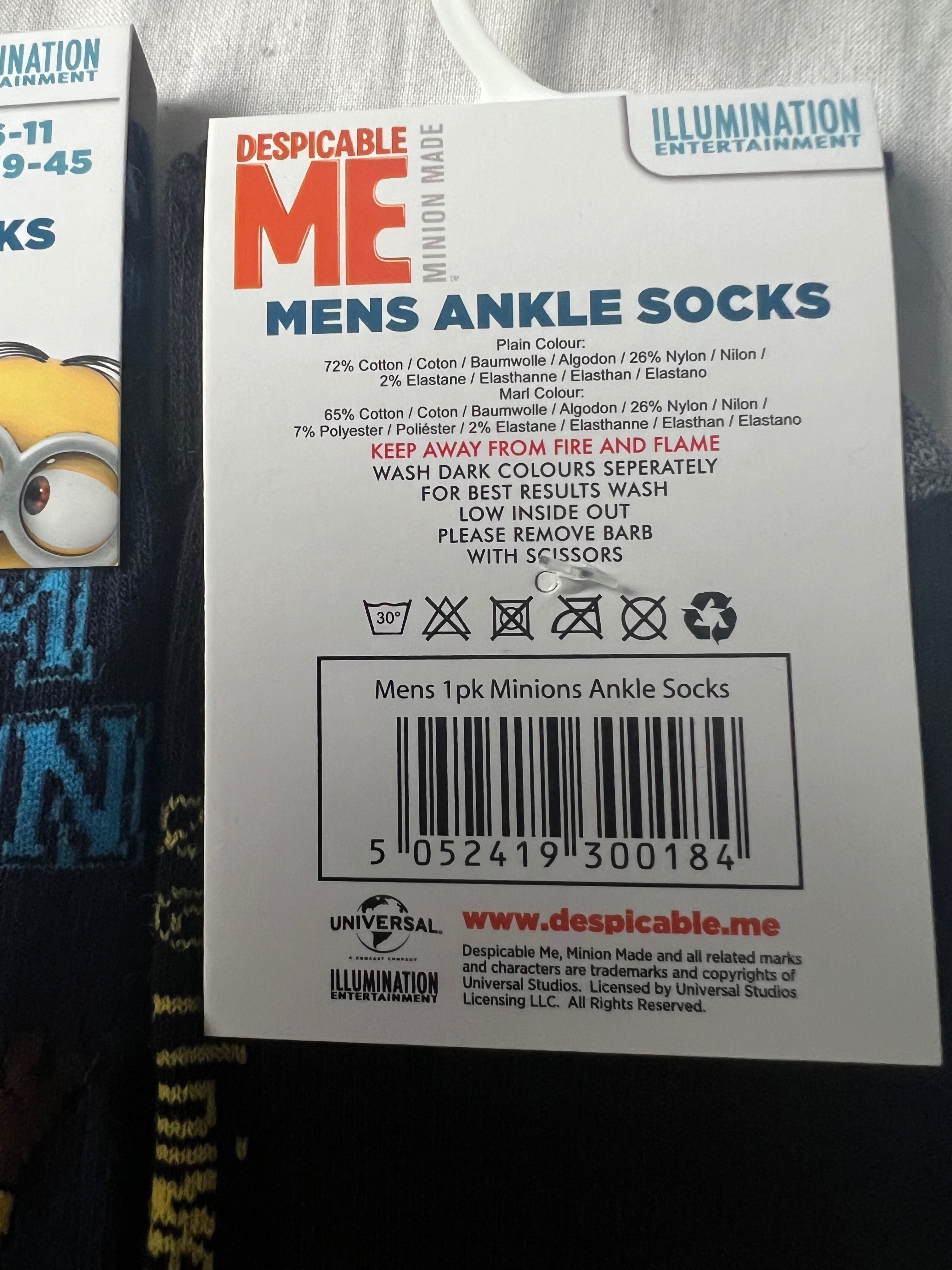 Men’s Despicable Me Minion Socks- Shoe Size 6-11